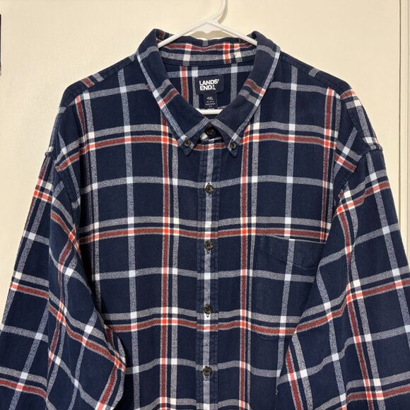 Lands' End Men's L/S Navy Blue Plaid Flagship Flannel Button-Down Shirt Top 4XL - Picture 2 of 9